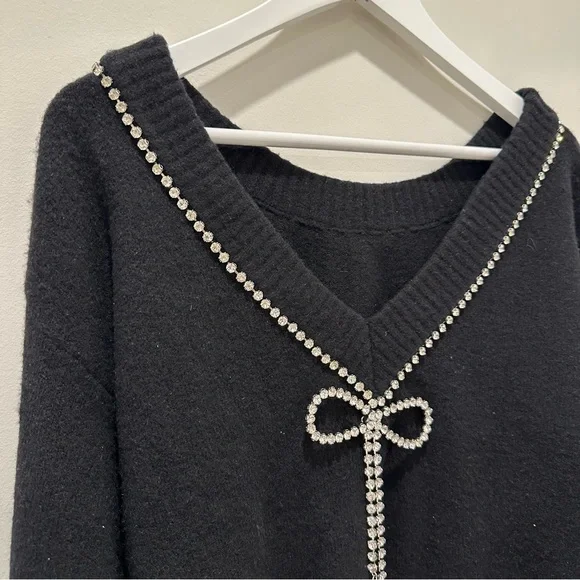 Express Rhinestone Bow Embellished Convertible Sweater Black Holiday New Years - Picture 14 of 15